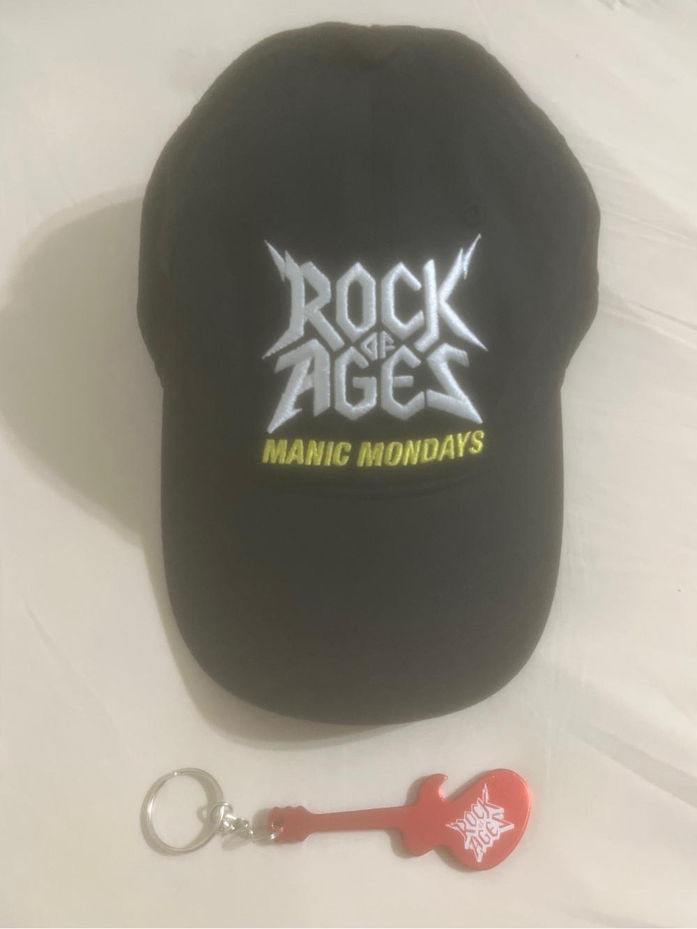 Rock of Ages 2009 Cap & Guitar keychain Maniac Mondays GREAT Hat almost Vintage